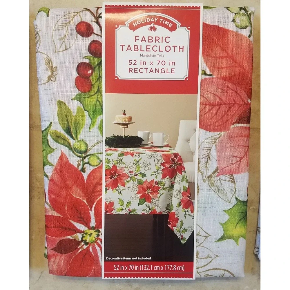 HolidayTime Fabric Tablecloth Traditional‎ Poinsettia Rectangle 52inx70in NEW